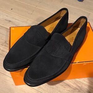Hermes Evelyn Perforated H Logo Suede Loafers Navy 43.5